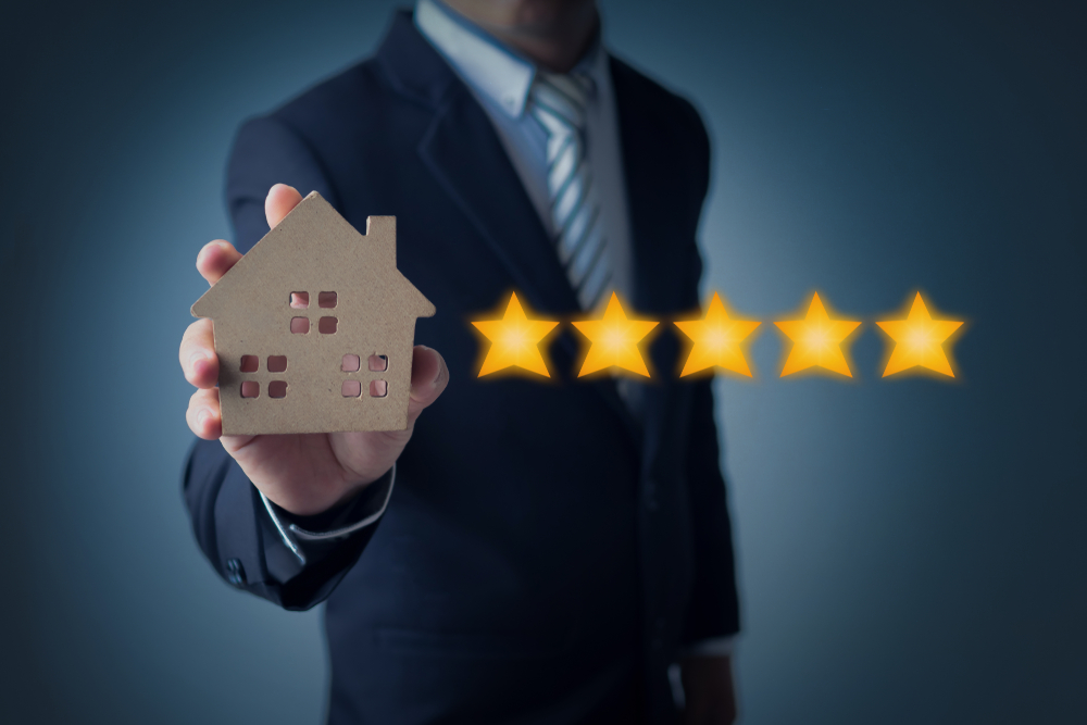 excellent service and best customer experience of real estate, business man showing 5 stars rating